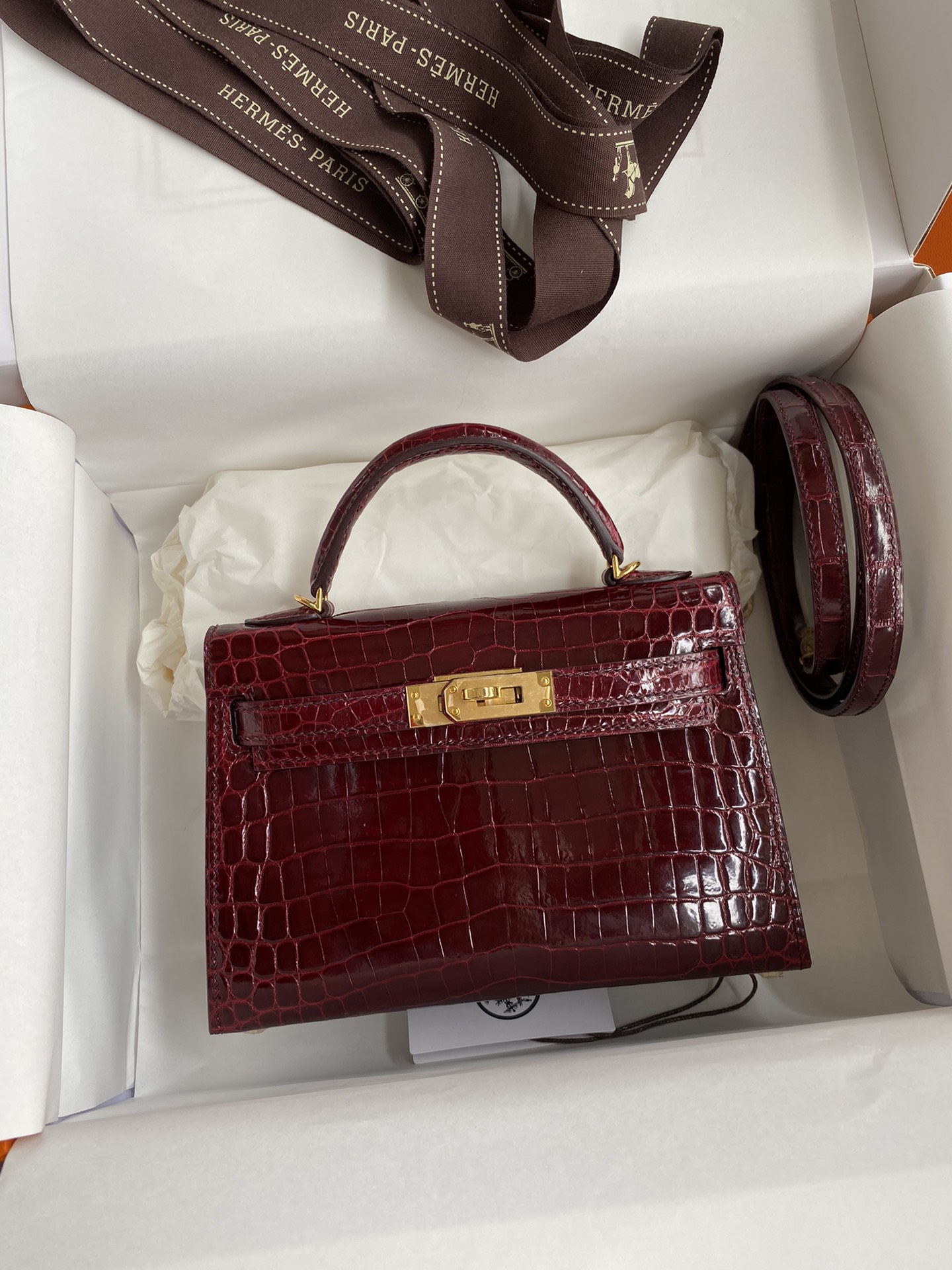 Hermes Kelly Mini II Bag 19CM In Bordeaux Shiny Alligator Leather